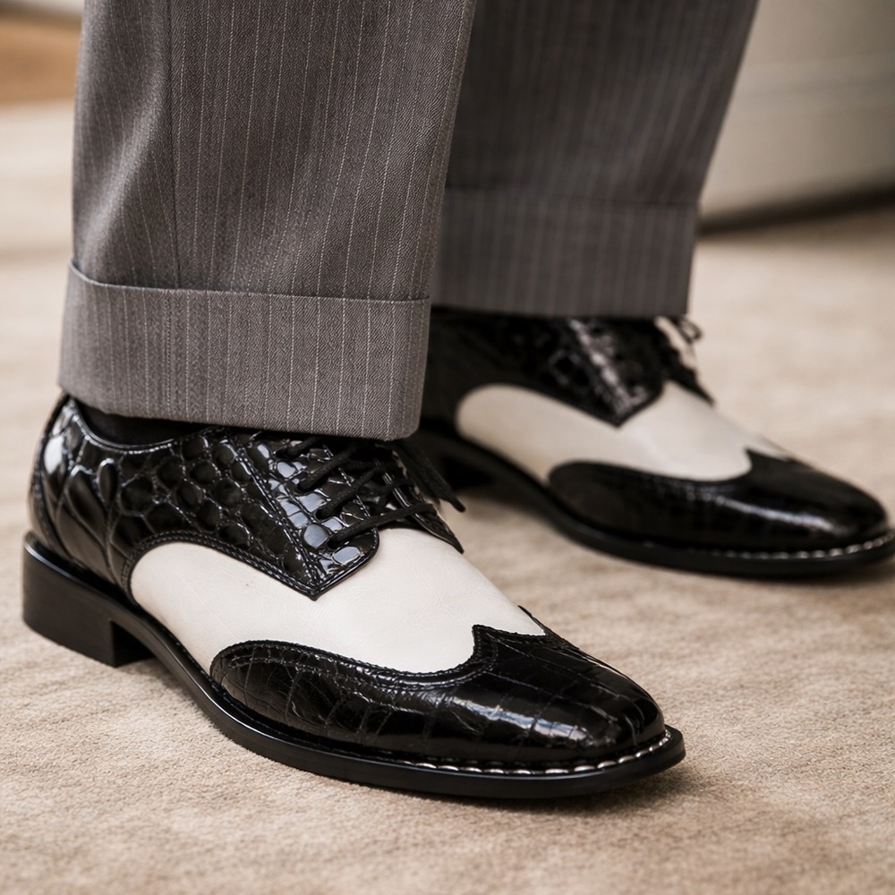Like New Stacy Adams Black and White Croc-Embossed Oxfords Men’s Sz 13 Vintage